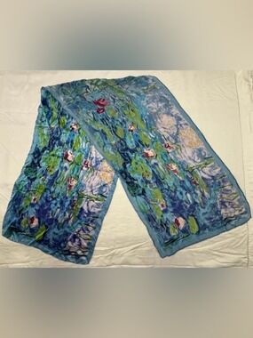 Claude Monet Water Lilies Silk Scarf Blue Museum Art Wrap 62”